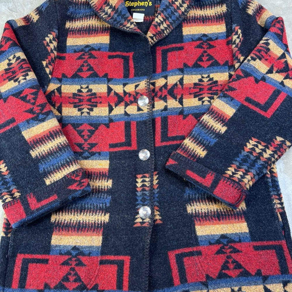 Rare Vintage Women's - Southwestern Aztec Wool Blanket Coat Silver Buttons